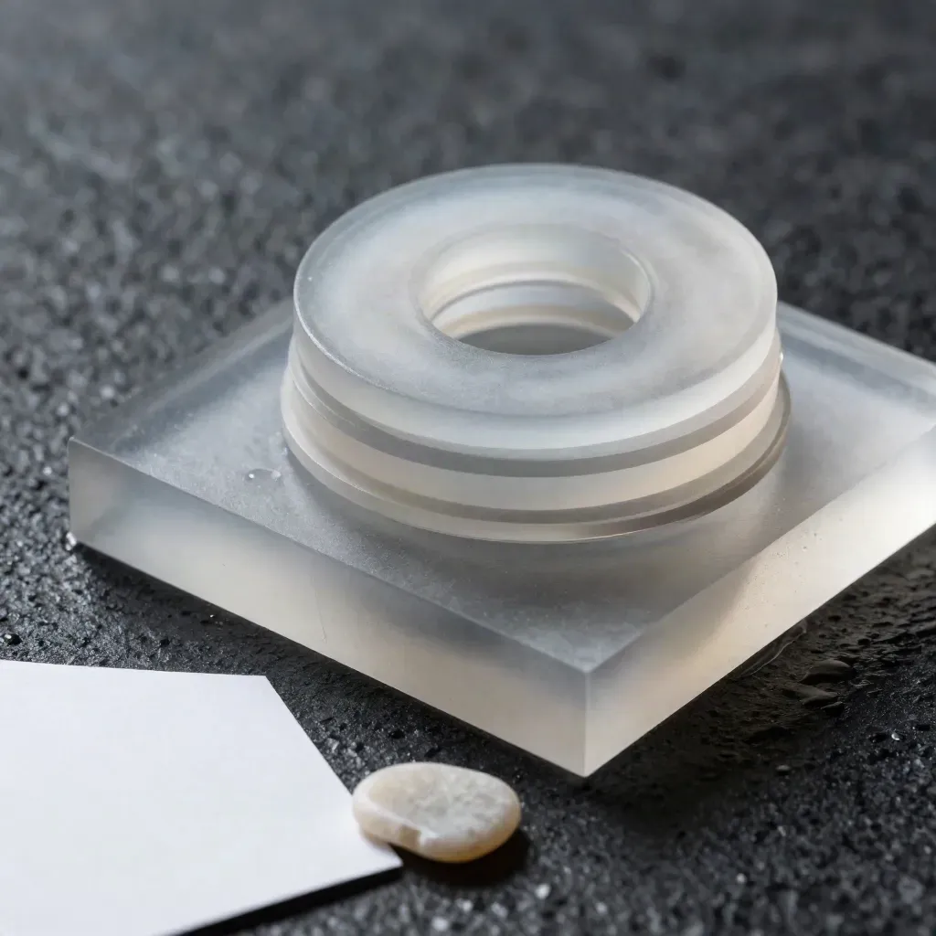 Macro frosted acrylic block with paper rings on wet basalt, misty and tactile.