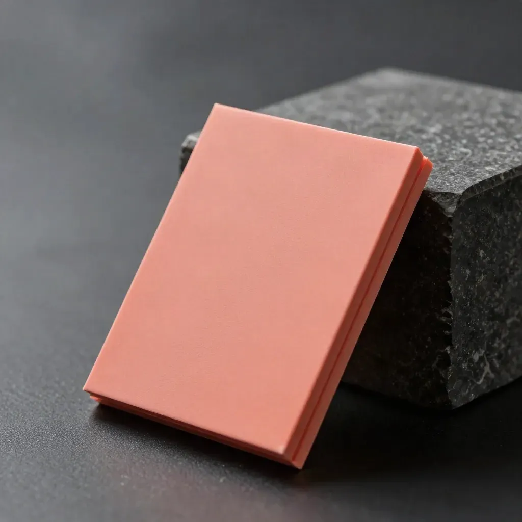 Three coral message tiles in a matte sleeve beside a dark stone cube on a black studio surface.