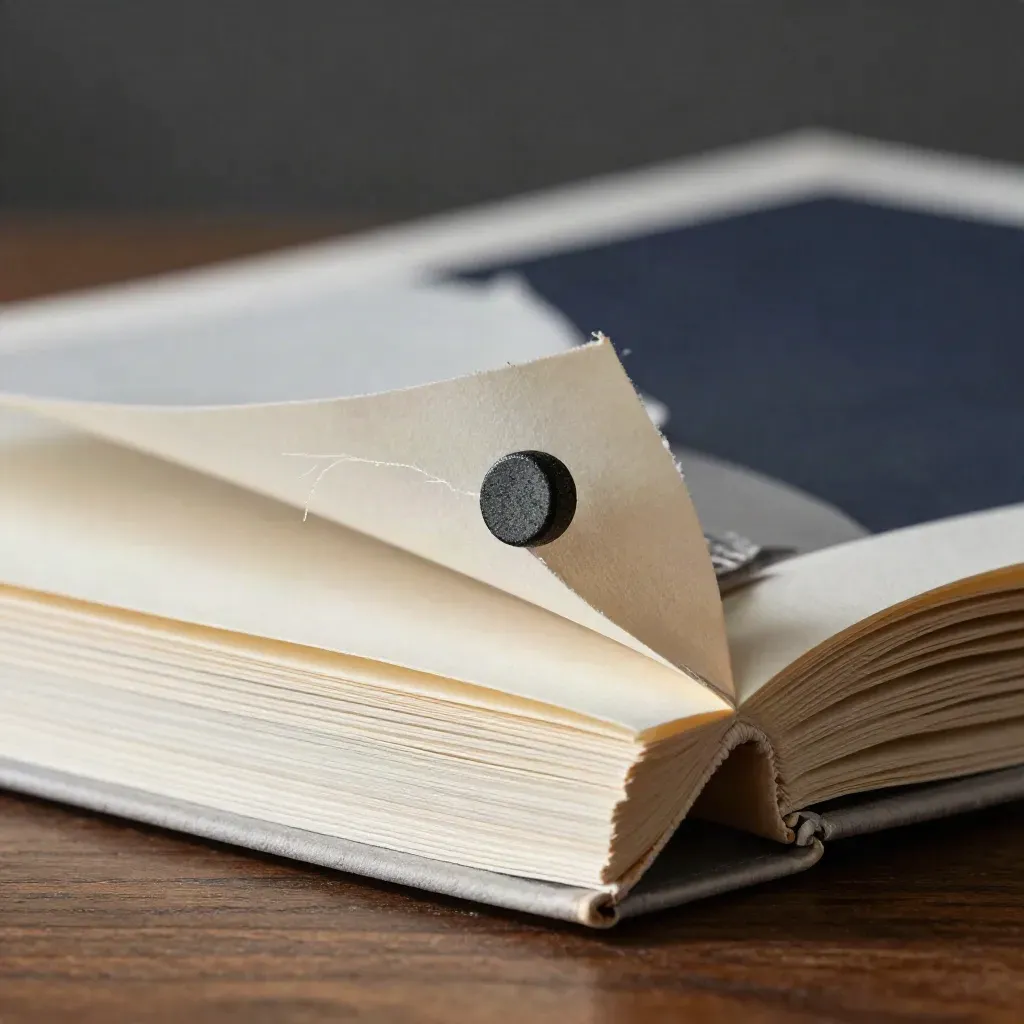 Open folio with cream pages, cloth swatch, and graphite token in moody macro light.