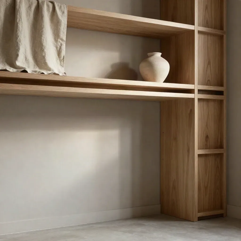 Sunlit oak shelf corner with linen curtain and ceramic vessel above calm shadowed space.
