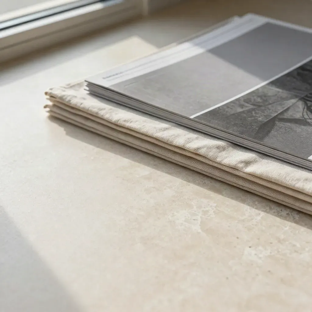 Travertine surface with linen fold, abstract wireframe sheets, and calm copy space
